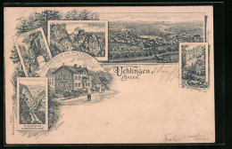 Lithographie Uehlingen /Baden, Falkenstein, Schluchttunnel, Gasthaus Zum Posthorn, Allmuth Felsen  - Baden-Baden