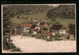 Lithographie Bubenbach, Ortsansicht Aus Der Vogelschau, Trachtenbild  - Autres & Non Classés