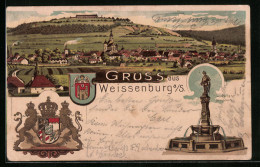 Lithographie Weissenburg I. S., Totalansicht, Ludwigsbrunnen, Wappen Mit Bayrischen Löwen  - Weissenburg