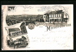 Lithographie Mindelheim, Totalansicht, Fortbildungsschule, Geschäftshaus, Schloss  - Mindelheim