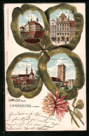 Passepartout-Lithographie Landsberg Am Lech, Realschule, Rathaus, Pfarrkirche, Bayerthor, Kleeblatt  - Autres & Non Classés