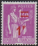 France Type Paix N°  484 ** Surchargé, Le 1F Sur 1f40 Lilas - 1932-39 Peace