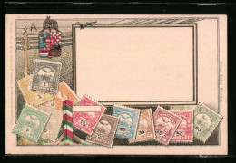 AK Briefmarken Und Wappen Ungarns, Telegraphenleitung Mit Schwalben  - Briefmarken (Abbildungen)