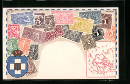 AK Briefmarken Und Wappen Aus Griechenland, Landkarte  - Stamps (pictures)