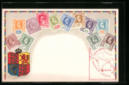 AK Briefmarken Mit Wappen Von Ceylon, Landkarte  - Timbres (représentations)