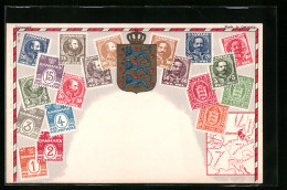 AK Dänische Briefmarken Mit Wappen Und Landkarte  - Timbres (représentations)