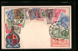 AK Briefmarken Und Wappen Aus Dem Vereinten Köningkreich  - Briefmarken (Abbildungen)