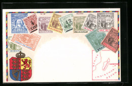 AK Briefmarken, Landkarte Und Wappen Von Mauritius  - Briefmarken (Abbildungen)