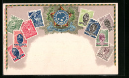 AK Briefmarken Und Wappen Von Brasilien  - Briefmarken (Abbildungen)