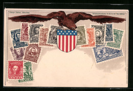 Präge-AK Briefmarken Und Wappen Der Vereinten Staaten Von Amerika  - Francobolli (rappresentazioni)