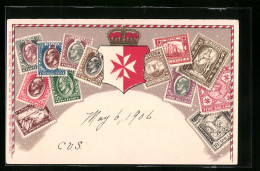 Präge-AK Briefmarken Und Wappen Von Malta  - Francobolli (rappresentazioni)