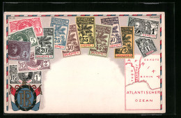 AK Briefmarken Aus Dahomey Mit Landkarte  - Timbres (représentations)