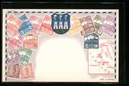 AK Briefmarken Aus San Marino Mit Landkarte  - Timbres (représentations)