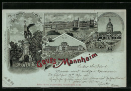 Lithographie Mannheim, Bahnhof, Krieger Denkmal, Neckarbrücke, Paradeplatz Mit Kaufhaus  - Mannheim