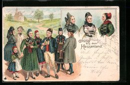 Lithographie Hessen In Tracht Beim Kirchgang  - Costumes
