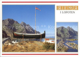 72576503 Henningsvaer Boot Flagge Bruecke Berge Fliegeraufnahme Norwegen - Norway