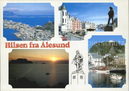 72576443 Alesund Denkmal Statue Hafen Sonnenuntergang Fliegeraufnahme Aalesund - Norwegen