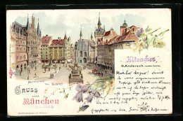 Lithographie München, Marienplatz Mit Rathaus  - Muenchen