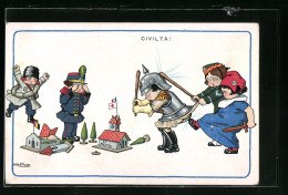 CPA Illustrateur A. Bertiglia: Civilta, Italienische Propaganda Der Entente  - Sonstige & Ohne Zuordnung
