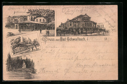 Vorläufer-Lithographie Bad Schwalbach, 1891, Kurhaus, Stahlbrunnen, Weinbrunnen  - Bad Schwalbach
