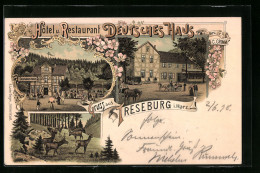 Lithographie Treseburg I. H., Hotel Und Restaurant Deutsches Haus Mit Kundschaft Und Rotwild  - Sonstige & Ohne Zuordnung