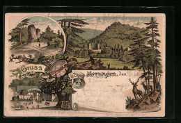 Lithographie Morungen /Südharz, Gasthaus Zur Morungsburg, Ruine, Schloss  - Other & Unclassified