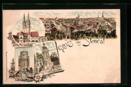 Lithographie Stendal, Rathaus Mit Roland U. St. Marien-Kirche, Unglinger Tor, Nachtigal-Denkmal  - Stendal