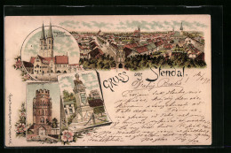 Lithographie Stendal, Rathaus Mit Roland U. St. Marien-Kirche, Unglinger Tor, Nachtigal-Denkmal  - Stendal