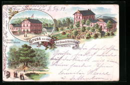 Lithographie Halle A. S., Gasthaus Haideschlösschen, Garten, Waldpartie  - Sonstige & Ohne Zuordnung