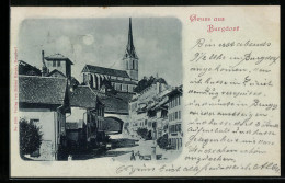Mondschein-AK Burgdorf, Stadtplatz Mit Brunnen Und Kirche über Dem Ort  - Autres & Non Classés