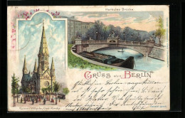 Lithographie Berlin, Herkules-Brücke, Kaiser Wilhelm Gedächtnis-Kirche  - Charlottenburg