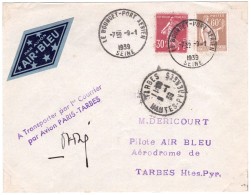 LETTRE VOL INAUGURAL LIGNE AIR BLEU PARIS TARBES 09.01.1939 TB Avec Autographe Signature Du Pilote - Premiers Vols