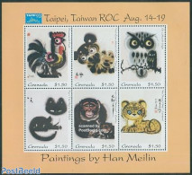 Grenada 1993 Taipei, Han Meilin Paintings 6v M/s, Mint NH, Nature - Animals (others & Mixed) - Cats - Monkeys - Owls -.. - Otros & Sin Clasificación