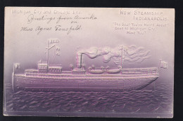 Steamship "Indianapolis" Michigan City-Chicago-Line, Präge-AK, Min. Eckbug - Paquebots