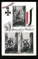 AK Die Sonne Sank Im Westen, Deutscher Soldat Hält Verwundeten An Der Hand, Eisernes Kreuz Und Fahne  - War 1914-18