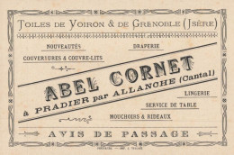 15 - PRADIER PAR ALLANCHE - DRAPERIE - LINGERIE  "Abel CORNET" -  CARTE COMMERCIALE ANCIENNE DECOREE (8x12cm) - Other & Unclassified