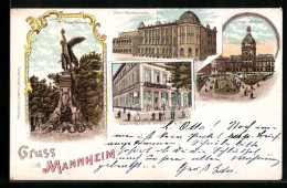 Lithographie Mannheim, Waarenhaus Wronker, Ober-Realschule, Paradeplatz Mit Kaufhaus  - Mannheim