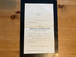 Madame Alphonse Vermoelen Nee Peeters Pauline Vous Etes Prie D’assister A L’inhumation Cimetiere Deurne Anvers 1907 - Todesanzeige