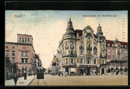 AK Erfurt, Bahnhofplatz Und Bahnhofstrasse Mit Hôtel C. Silber Und Geschäften, Strassenbahn  - Erfurt