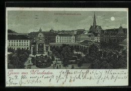 Lithographie Wiesbaden, Die Kochbrunnenanlage Im Mondschein  - Wiesbaden