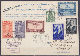 CP Commémorative "1e Vol Groupé Belgique-Congo Belge" Affr. PA1+N°425+456/57 Càd BRUXELLES-AEROPORT /22-10-1937 Pour LEO - Covers & Documents