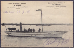 CPA "Yacht à Vapeur "Idéal" à Louer Pour Excursions …" Affr. N°81 Càd OSTENDE (STATION)/22 JUILLET 1908 Pour BRUXELLES - Cargos