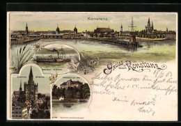 Lithographie Konstanz, Ortsansicht Mit Bodensee-Dampfer  - Konstanz