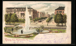 Lithographie Mannheim, Wasserkunst Auf Dem Platz Vor Dem Wasserturm, Blick In Die Heidelberger Strasse  - Mannheim