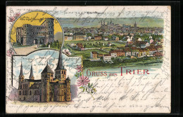 Lithographie Trier, Porta Nigra, Dom, Gesamtansicht  - Trier