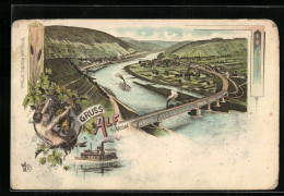 Lithographie Alf /Mosel, Dampfer Und Brücke Beim Ort, Gesamtansicht  - Andere & Zonder Classificatie