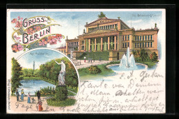 Lithographie Berlin, Kgl Schauspeilhaus Am Gendarmenmarkt, Goldfischteich Mit Denkmal  - Mitte