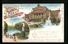 Lithographie Berlin, Kgl Schauspeilhaus Am Gendarmenmarkt, Goldfischteich Mit Denkmal  - Mitte