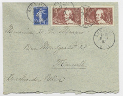 FRANCE  SURTAXE 20C CALLOT PAIRE +10C SEMEUSE 10C BLEU LETTRE AUNEUIL 31.1.1937  + VERSO VIGNETTE TUBERCULOSE AU TARIF - 1921-1960: Période Moderne