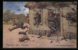 Künstler-AK Arthur Thiele: Hinter Der Front, Soldaten Und Tiere Flüchten Vor Dem Rauch Einer Liebesgabenzigarre  - Thiele, Arthur